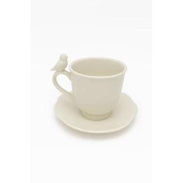 Imagem de Xícara de Café com Pires em Porcelana Branca, Design Pássaro Decorativo, 130ml