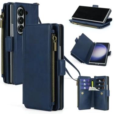 Imagem de ASAPDOS Capa carteira para Samsung Galaxy Z Fold 5 com suporte para caneta S, pulseira de couro PU com fecho magnético [S-Pen totalmente compatível], suporte de cartão [bloqueio RFID] e suporte azul