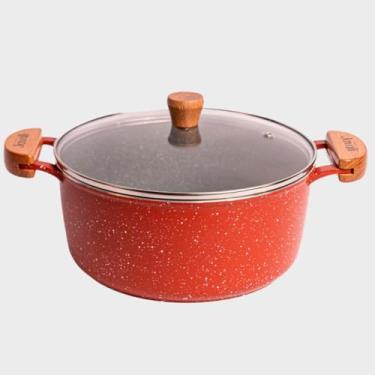 Imagem de Caçarola Javali Mescla Cerâmica 24cm 3,6L com Tampa de Vidro – Alças de Madeira – Forno e Fogão – Revestimento Cerâmico Vermelho e Cinza