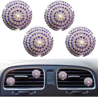 Imagem de 4 peças de clipes de ventilação do hemisfério brilhante, purificadores de ar de cristal, clipe de ventilação com strass, acessórios de carro fofos para mulheres (azul + branco)