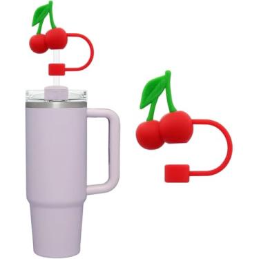 Imagem de Red Cherries Capa de palha de silicone para tampas de palha de 10 mm para acessórios de copos Stanley, lindo topo de palha para copos, tampa de palha para tampas de ponta de canudos reutilizáveis