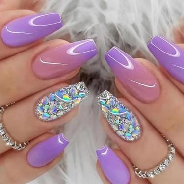 Imagem de Kit de unhas postiças gradiente roxo médio longo caixão com design de glitter cola em unhas para mulheres bailarina acrílica unhas postiças coladas em unhas para casamento 24 peças/conjunto