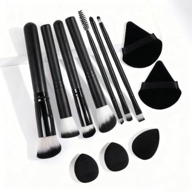 Imagem de Pincel de maquiagem, 12 peças densa pincel de maquiagem sintético angular Kabuki, para líquido e pó de fixação (preto)