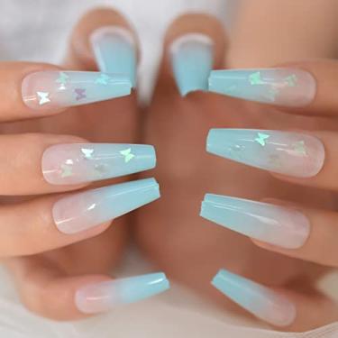 Imagem de Unhas de pressão gradiente azul claro brilhante pontas francesas caixão longo unhas falsas cobertura completa unhas postiças kits de manicure