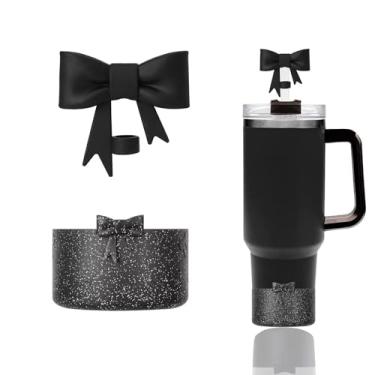 Imagem de Conjunto de acessórios Stanley Cup incluindo 1 peça de botas de silicone com glitter para StanleyCup 1,134 g e copo de 850 g, 1 peça de cobertura de canudo de laço para StanleyStraw de 10 mm (preto