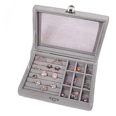 Imagem de Porta Joias Tampa Vidro Organizador Veludo Divisória Cinza