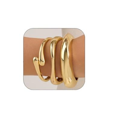 Imagem de Pulseiras grossas de ouro empilháveis empilháveis para mulheres, conjunto de pulseiras empilháveis largas banhadas a ouro 14 k na moda joias presentes, Medium, liga de zinco-ferro, Sem Pedra Preciosa