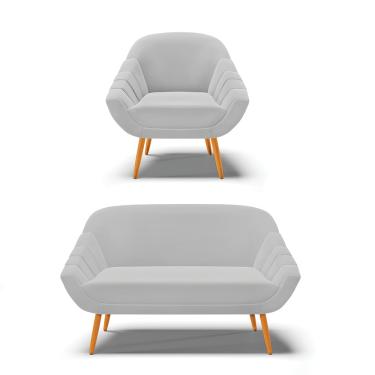 Imagem de Kit 01 Namoradeira 02 Lugares e 01 Poltrona Giovana Suede Cinza Pés Palito Castanho - D'Rossi