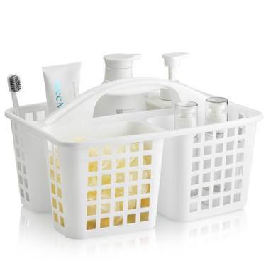 Imagem de ALINK Cesta de plástico para chuveiro com compartimentos, organizador de armazenamento de suprimentos de limpeza portátil com alça para banheiro de dormitório universitário – Branco