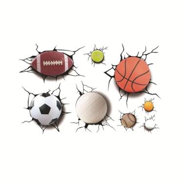 Imagem de Bolas esportivas 3D adesivo de parede rachado para decoração de sala de estar infantil adesivos de parede destacáveis, incluindo futebol, basquete, vôlei, rúgbi, tênis, sinuca, boliche, beisebol