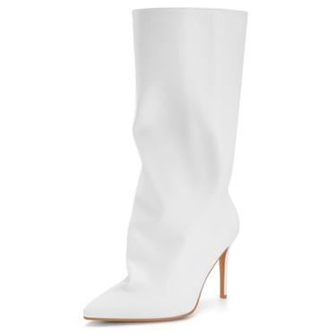 Imagem de Perisis Botas femininas despojadas cano médio pretas longas de puxar salto agulha bico fino botas de tubarão para mulheres sexy moda, Branco PU, 38