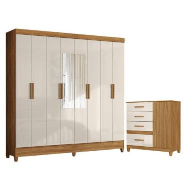 Imagem de Guarda Roupa Casal Marajó Com Espelho E Cômoda Vênus Com Pés Freijó Off White - Moval