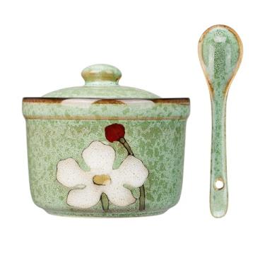 Imagem de Soyestan Açucareiro de cerâmica feito à mão com tampa e colher, pote de condimento de porcelana de 255 g com design floral pintado à mão, recipiente de tempero colorido para açúcar, sal, especiarias
