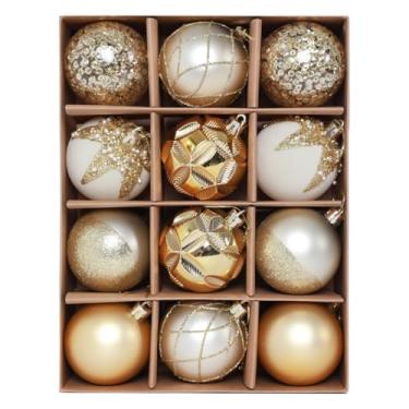 Imagem de HipTree Conjunto de enfeites de árvore de Natal - 12 unidades de enfeites de veludo em ouro branco de 8,5 cm para árvore de Natal, enfeite de bola pendurada à prova de estilhaçamento, enfeites de mesa
