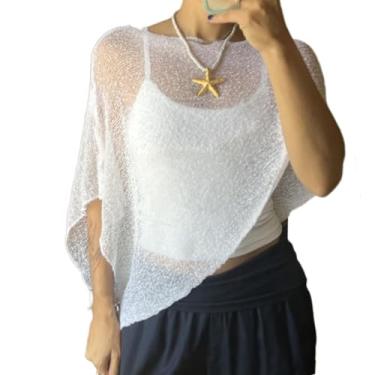 Imagem de HAGZUL Poncho de malha, poncho feminino transparente bolero, suéter pulôver leve de verão (branco)