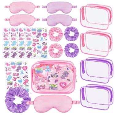 Imagem de YLOLUL 16 peças de artigos de festa do pijama de spa para meninas, lembrancinha de festa de maquiagem com 4 máscaras para os olhos, 4 adesivos, 4 cordas de cabelo, 4 bolsas de cosméticos transparentes