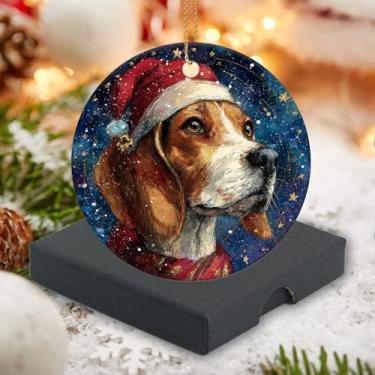 Imagem de Enfeite de Natal 2025 redondo lembrança de Natal enfeites de árvore de Natal 7,6 cm - um beagle usando chapéu de Natal noite estrelada design presente amante de animais, família, amigos, colegas