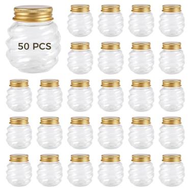 Imagem de LUMINFLY 50 minifrascos de favo de mel, recipientes de armazenamento de plástico de 60 ml com tampas douradas, pequenos frascos de vidro para lembrancinhas de casamento, artesanato DIY, geleia e