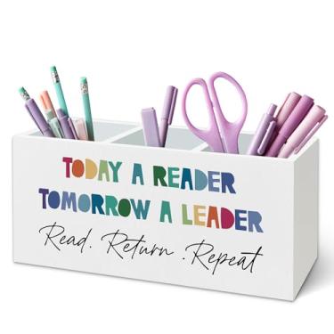 Imagem de TWRVI Suporte de caneta infantil Boho inspirador para mesa, decoração de sala de aula, Today a Reader Tomorrow a Leader de madeira, para crianças, sala de leitura, quarto, sala de aula, sala de jogos