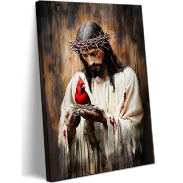 Imagem de Arte de parede em tela grande Jesus e Cardeal Jesus com Cardinalis Pintura Decoração Imagens Deus Cristão Pássaros Vermelhos Impressões para Jantar Sala de Oração Cozinha Igreja Parede Decoração de