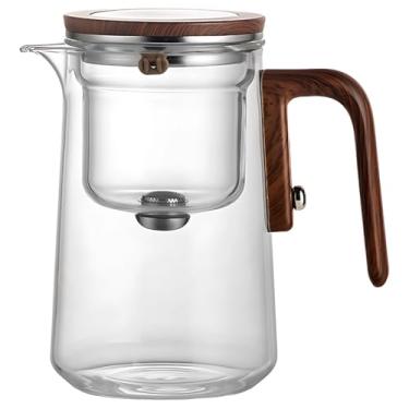 Imagem de Chaleira de vidro transparente 800 ml / 27,1 Fl Oz, bule de chá infusor com cabo de madeira, sistema de filtro de pressão única, componentes de fácil limpeza