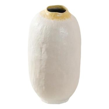 Imagem de Vaso grande de cerâmica, vaso de chão alto, moderno, rústico, fazenda, esmalte, vaso de flores decorativo para decoração de casa, sala de estar, quarto, escritório, 43 cm (branco e amarelo)