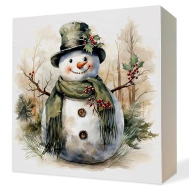 Imagem de ATBWGT Sinal de caixa de madeira de Natal de inverno com boneco de neve verde, decoração de Natal rústica, árvore de Natal, azevinho, boneco de neve, placa de bloco de madeira para decoração de mesa