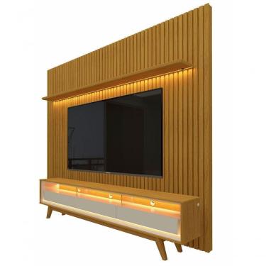 Imagem de Rack Retrô Com Painel Ripado Com Led Nobre Com Off White - Gelius Móveis