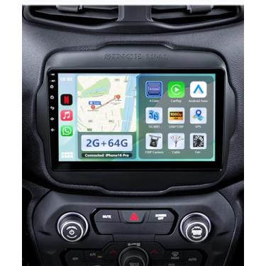 Imagem de Unidade de cabeça de rádio estéreo para carro Android de 2 GB + 64 GB compatível com Jeep Renegade 2014 2015 2016 2017 2018, tela sensível ao toque de 9 polegadas, navegação GPS, Bluetooth