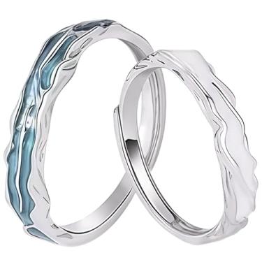 Imagem de Alianças de casamento de prata esterlina em dois tons, tamanho ajustável, design texturizado ondulado para casais, anéis combinando com caixa de presente