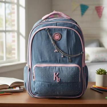 Imagem de Mochila Jeans Matelasse Escolar Grande Feminina Estilo Kika - D Presen