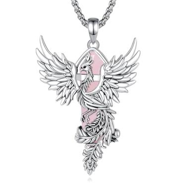 Imagem de Vito Colar de fênix de quartzo rosa para mulheres e homens, pingente de fênix de cobre banhado a prata, quartzo rosa, prisma hexagonal, proteção de cristal, joia de amuleto energético, presente para