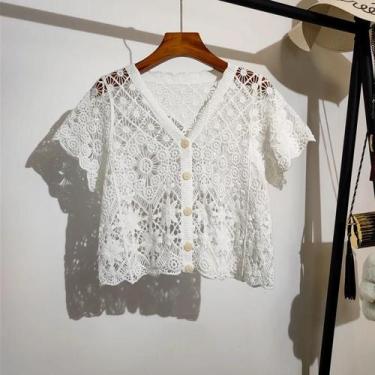 Imagem de Blusa Feminina Boho Crochê - Decote V, Manga Curta e Malha Aberta, Tam