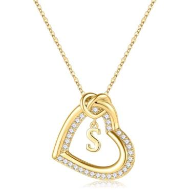 Imagem de Turandoss Colares femininos com inicial de coração – Colar delicado banhado a ouro 14K com zircônia cúbica com inicial de coração e letra A-Z para mulheres, meninas, presentes de aniversário e Natal