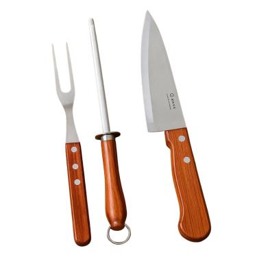 Imagem de Kit Churrasco, 3 Peças em Aço Inox com Cabo de Madeira, Faca 30cm, Garfo 29cm, Chaira 25.5cm, Conjunto para Churrasqueiro Profissional e Doméstico