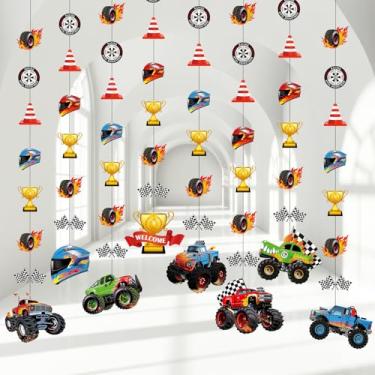 Imagem de Daifunli 8 peças decorações de festa caminhão monstro guirlandas penduradas serpentinas recortes tema carro corrida faixa de aniversário pano de fundo para menino carro chá de bebê suprimentos de