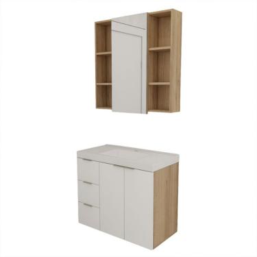 Imagem de Conjunto de Gabinete e Armário de Banheiro com Espelho Vittare III 3 Portas 3 Gavetas Carvalho e Nude