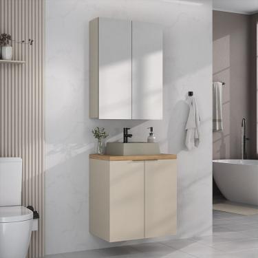 Imagem de Conjunto de Gabinete e Armário de Banheiro com Espelho Nature I 4 Portas Nude e Carvalho 60 cm