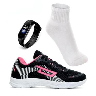 Imagem de Tênis Feminino Academia Caminhada Corrida Leve Confortável + Relógio Digital + Meia (PTO/RSA, BR, Adulto, Numérico, 36)