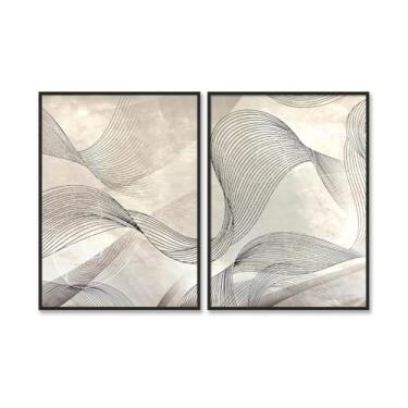 Imagem de Kit 02 Quadros Decorativos Ondas Orgânicas Premium com Moldura e Vidro 77x57cm (Preto, Madeira Laqueada, 77, centímetros, 57, centímetros)