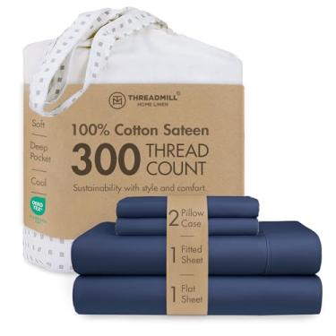 Imagem de Threadmill Jogo de lençol casal de algodão | 100% algodão para cama de casal | Conjunto de lençóis de casal de cetim sólido com bolso profundo elástico de 40,6 cm | Conjunto de lençóis refrescantes de