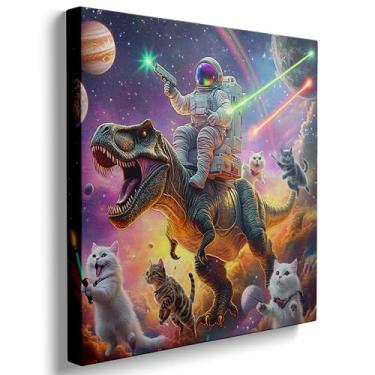 Imagem de Arte de parede de dinossauro engraçado gato astronauta decoração do espaço sideral para quarto de meninos, galáxia legal montando dinossauro fantasia decoração de parede infantil banheiro quarto sala