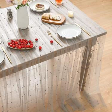 Imagem de Horaldaily Toalha de mesa cinza pérola cinza gaze 152 × 213 cm, retangular, primavera verão, tule renda, toalha de mesa de chá de panela para decoração de mesa de aniversário de casamento