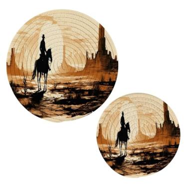 Imagem de Blueangle 2 peças de suporte de panela de trivet Western Cowboys - conjunto de pegadores de panela de tecido redondo - almofadas quentes trançadas de algodão - porta-copos - tapetes de mesa para