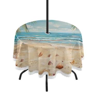 Imagem de Blueangle Toalha de mesa redonda de 152 cm à prova d'água para ambientes externos, bela cena de praia, com orifício para guarda-chuva, tecido resistente para todos os climas para pátio, acampamento