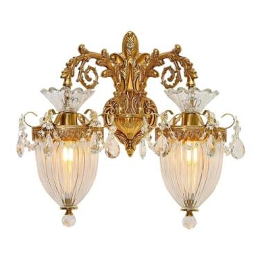 Imagem de Arandela de parede em cobre com cristal, estilo europeu e francês - ideal para sala de estar, parede de fundo do quarto, mesa de cabeceira, escada, frente de espelho e corredor (dupla cúpula