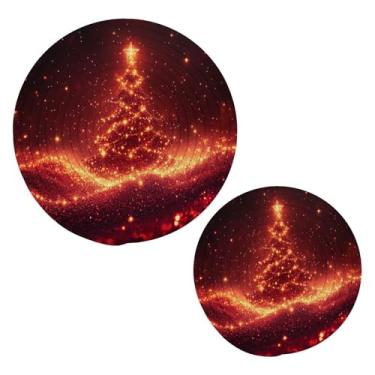 Imagem de Blueangle 2 peças de suporte de panela de trivet de árvore de Natal com estrelas brilhantes - conjunto de pegadores de panela de tecido redondo - almofadas quentes trançadas de algodão - porta-copos