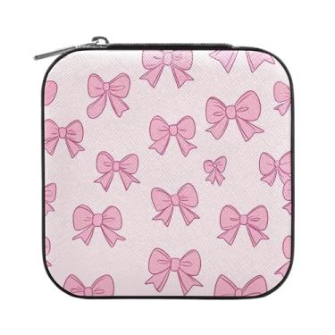 Imagem de SEHANY Caixa de joias personalizada com laço rosa para mulheres, meninas, mini estojo de joias de couro PU, organizador de joias de viagem, caixa de joias para brincos, anéis, colares, presentes para