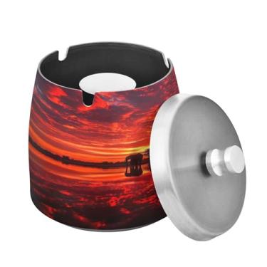 Imagem de Blueangle Cinzeiro de elefantes pôr do sol com tampa para cigarros, à prova de vento/chuva, aço inoxidável, sem fumaça, inodoro, cinzeiro para uso interno ou externo (405)