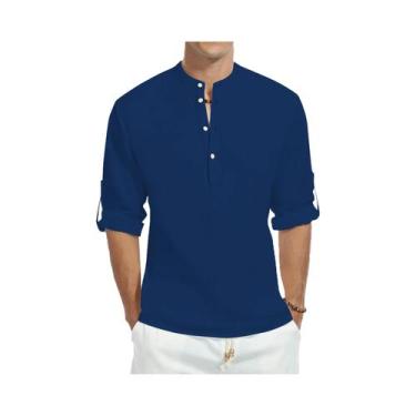 Imagem de Camisa Casual Masculina De Manga Longa Slim Fit Em Algodão Com Gola Al